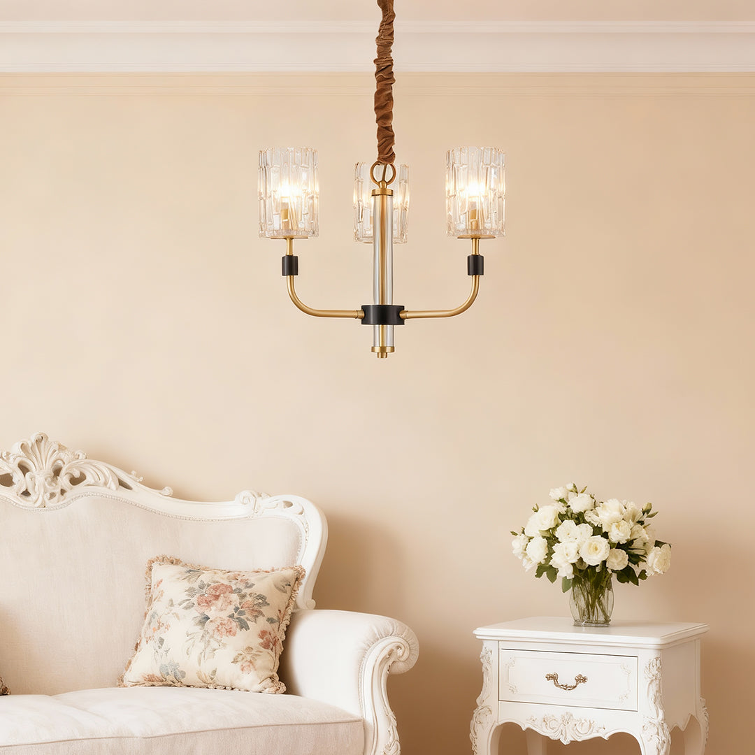 Luxury chandelier modern lighting serene bedroom with white furniture and soft textiles