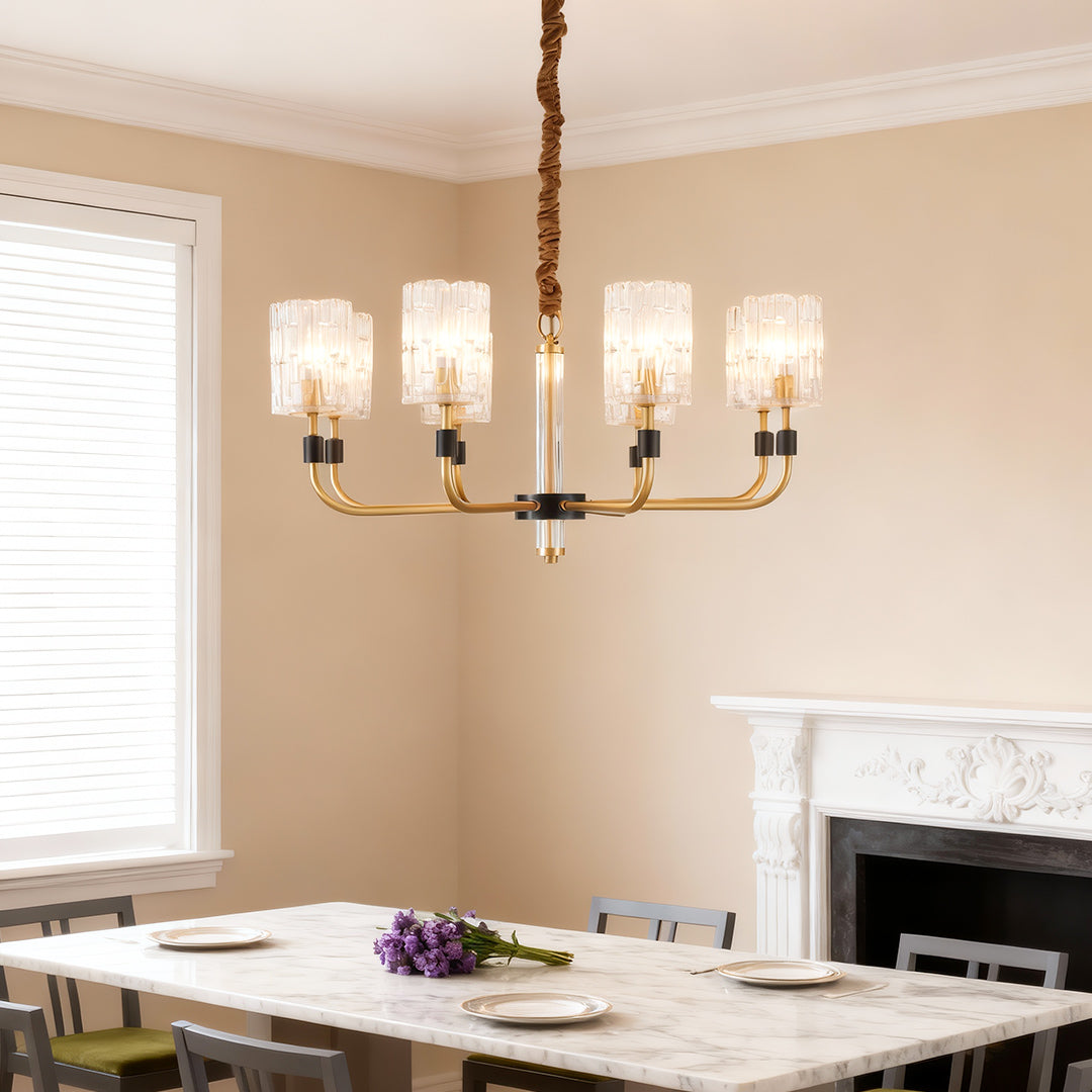 Luxury chandelier modern lighting serene bedroom with white furniture and soft textiles