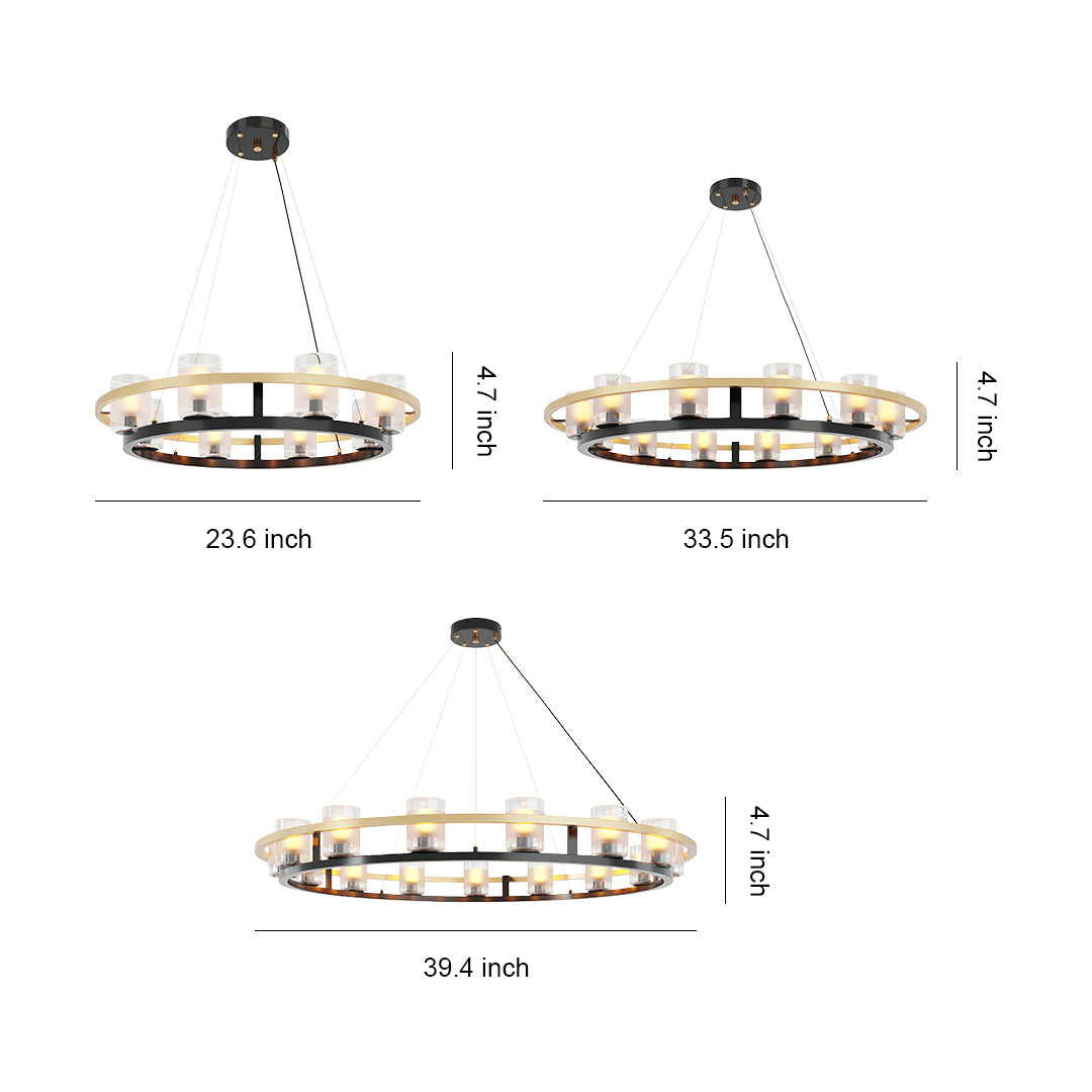Modern luxury chandeliers technical diagram showing three circular pendant light configurations with measurements