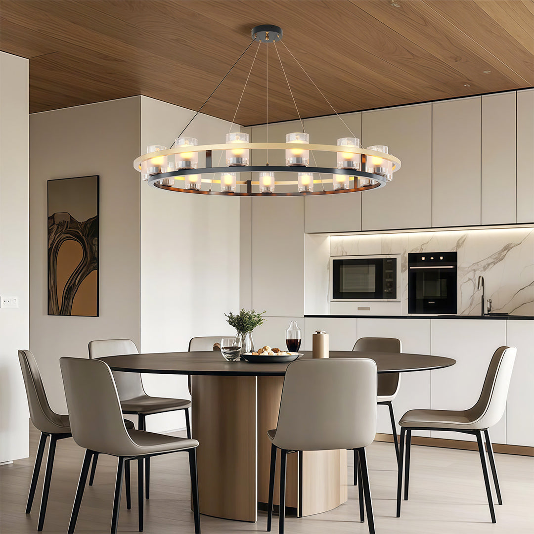 Modern luxury chandeliers creating ambient lighting in contemporary dining area with neutral color palette