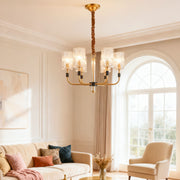 Luxury chandelier modern enhancing sophisticated living room with neutral tones and comfortable seating