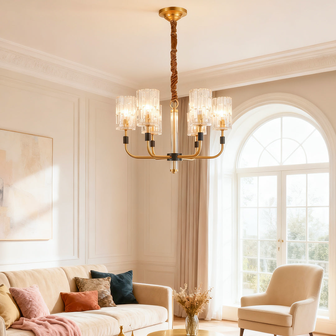 Luxury chandelier modern enhancing sophisticated living room with neutral tones and comfortable seating