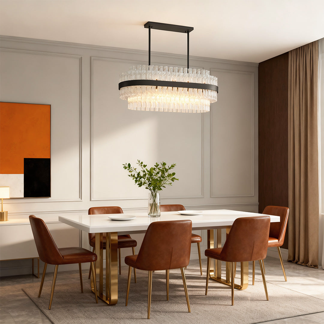 Modern luxury chandeliers enhancing warm dining space with contemporary furniture and artwork