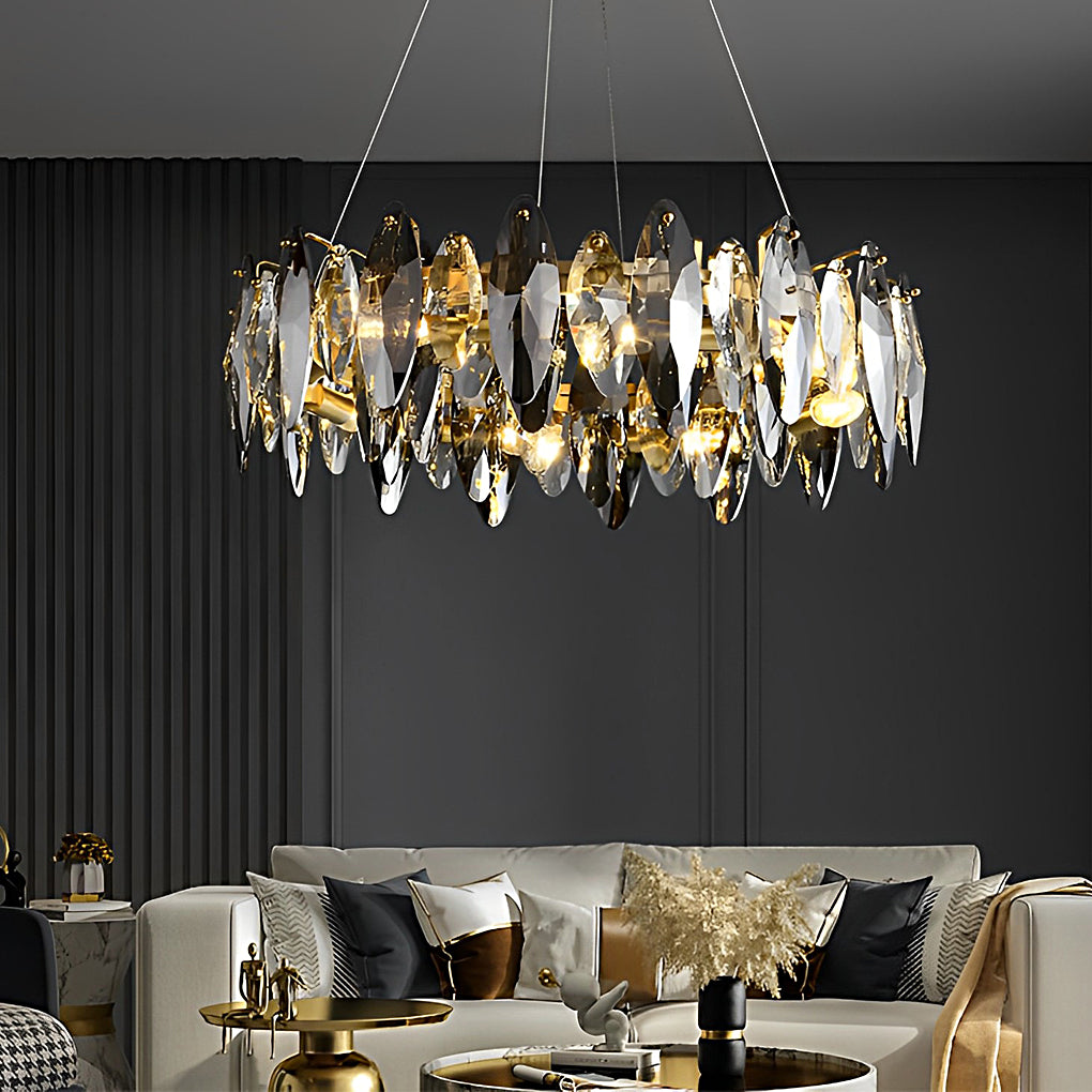 Elegant chandelier with crystals with smoky glass prisms in a bright luxury living room.
