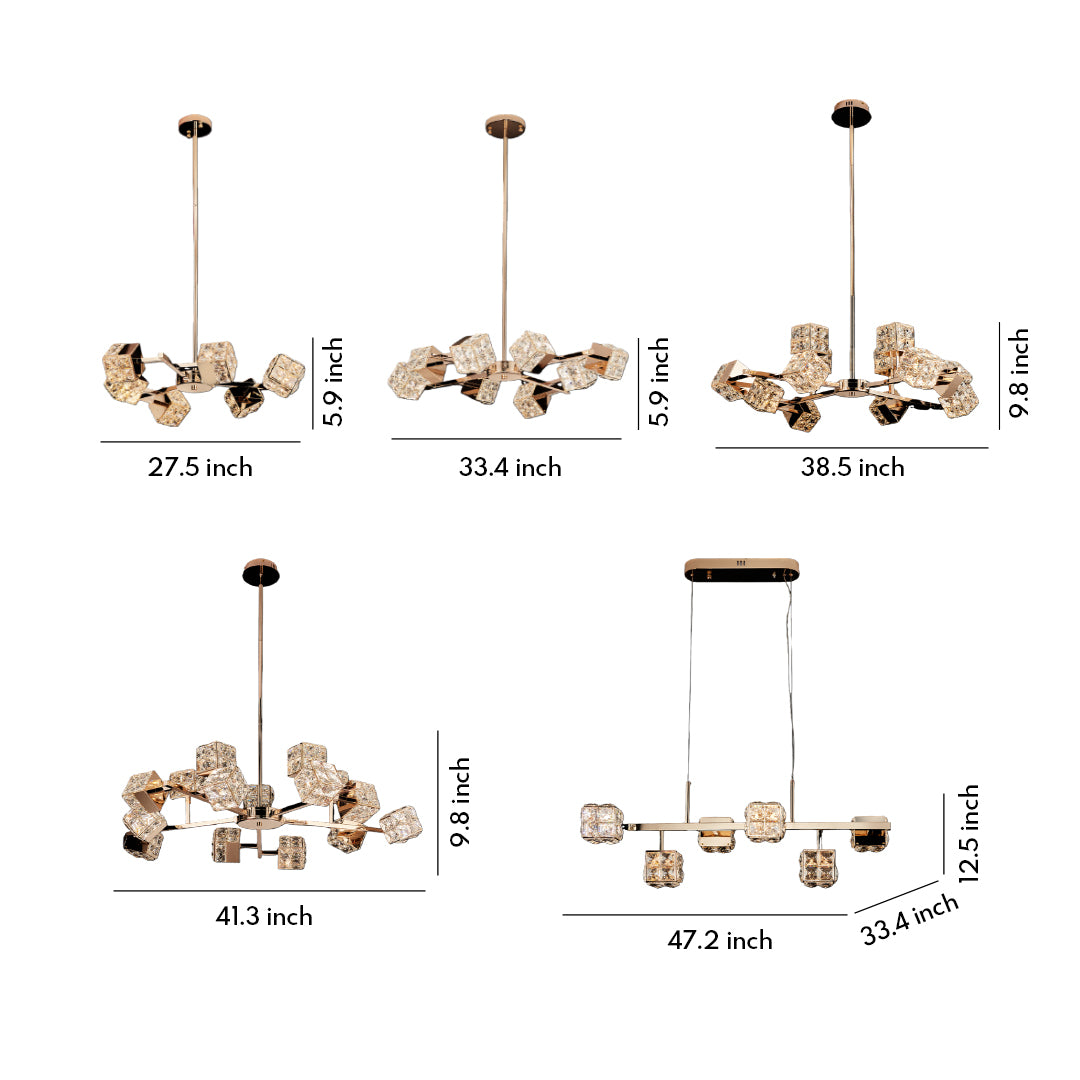 Luxury chandeliers crystal with glass shade chandelier design showing multiple configurations in gold finish with cube-shaped crystals.