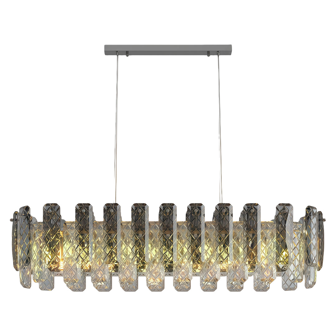 Luxury contemporary crystal chandeliers above contemporary dining table with luxurious kitchen backdrop.