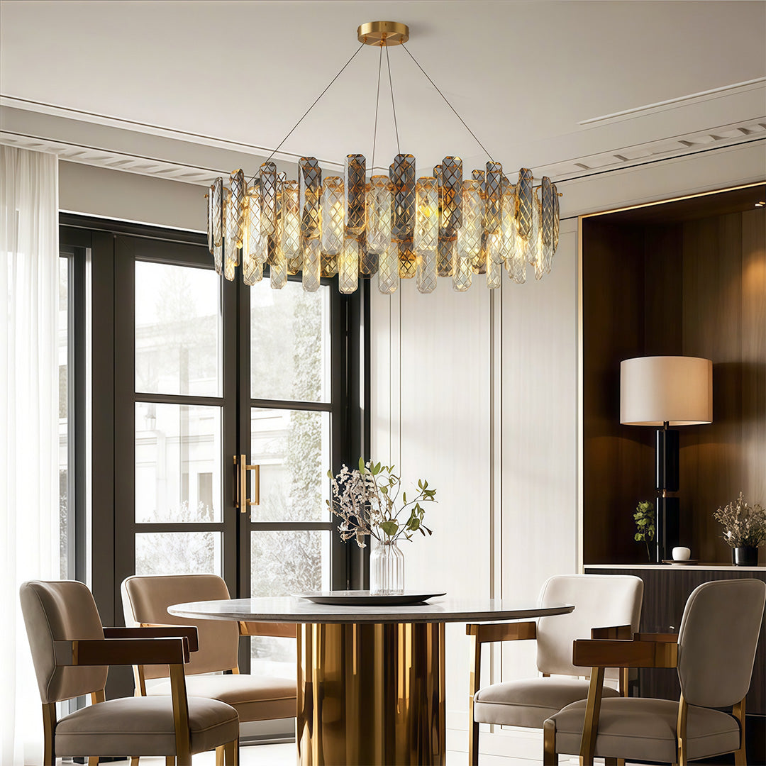 Luxury contemporary crystal chandeliers enhancing minimalist dining room with beige upholstered chairs.