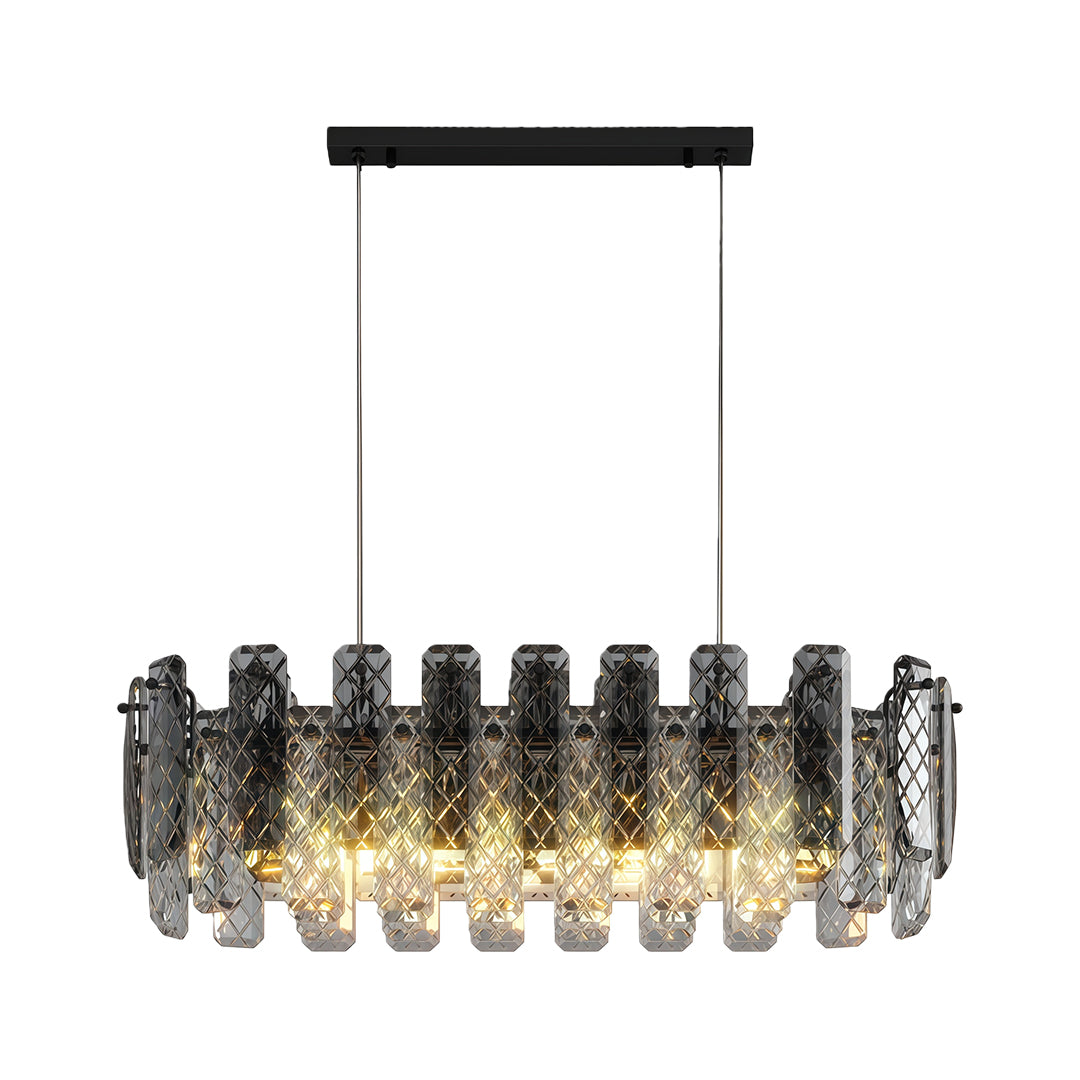 Luxury contemporary crystal chandeliers illuminating sophisticated dining room with brass table and black chairs.