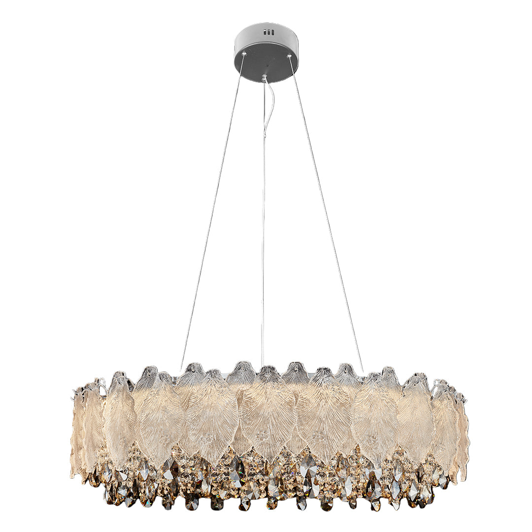 Luxury country French chandelier with intricate crystal arrangement and warm lighting.