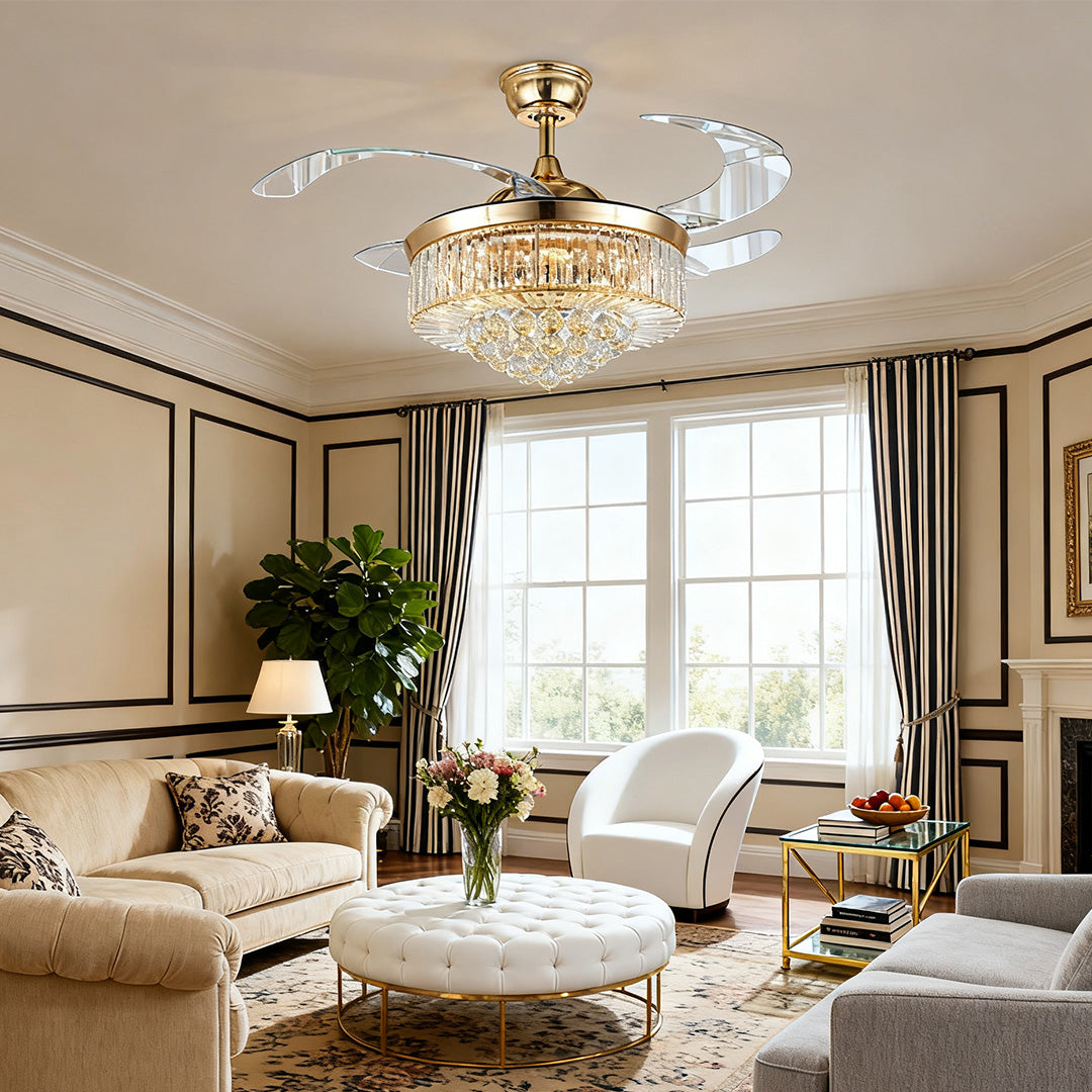 Luxury crystal ceiling fans with lights enhancing a spacious room with classic wall paneling 