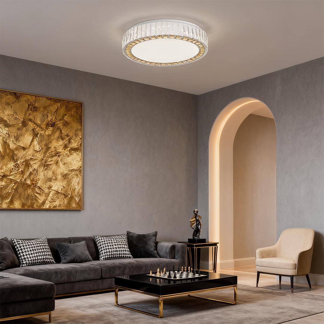 Luxury crystal ceiling light adding sophistication to a modern living room design.