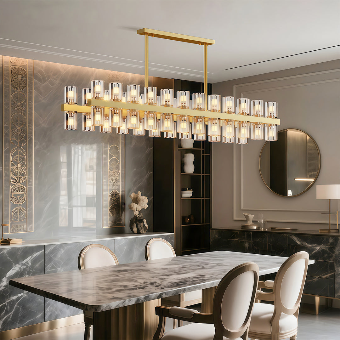 Modern luxury chandeliers creating focal point in elegant dining space with curved seating