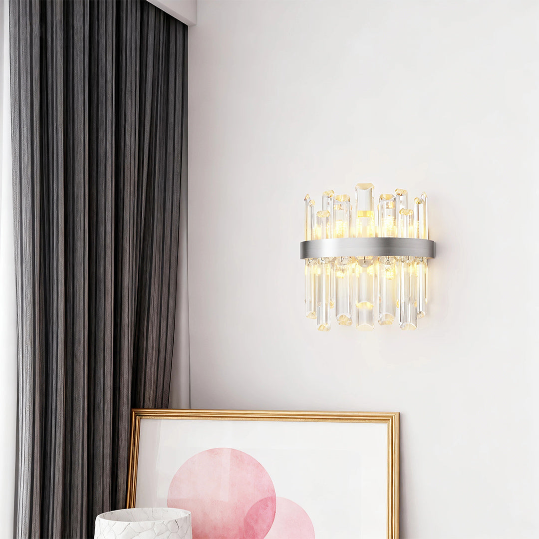 Modern luxury chandeliers enhancing minimalist bedroom with grey curtains and pink artwork