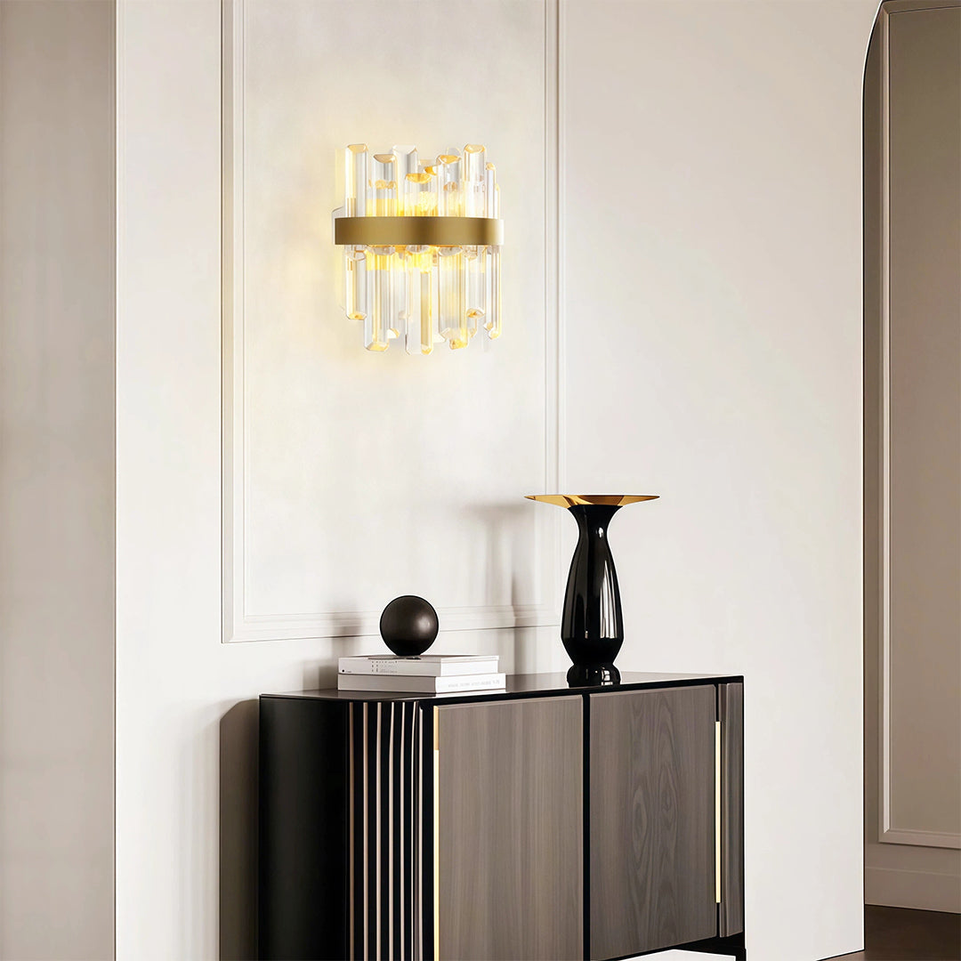 Modern luxury chandeliers lighting sophisticated hallway with sleek cabinetry and minimalist design