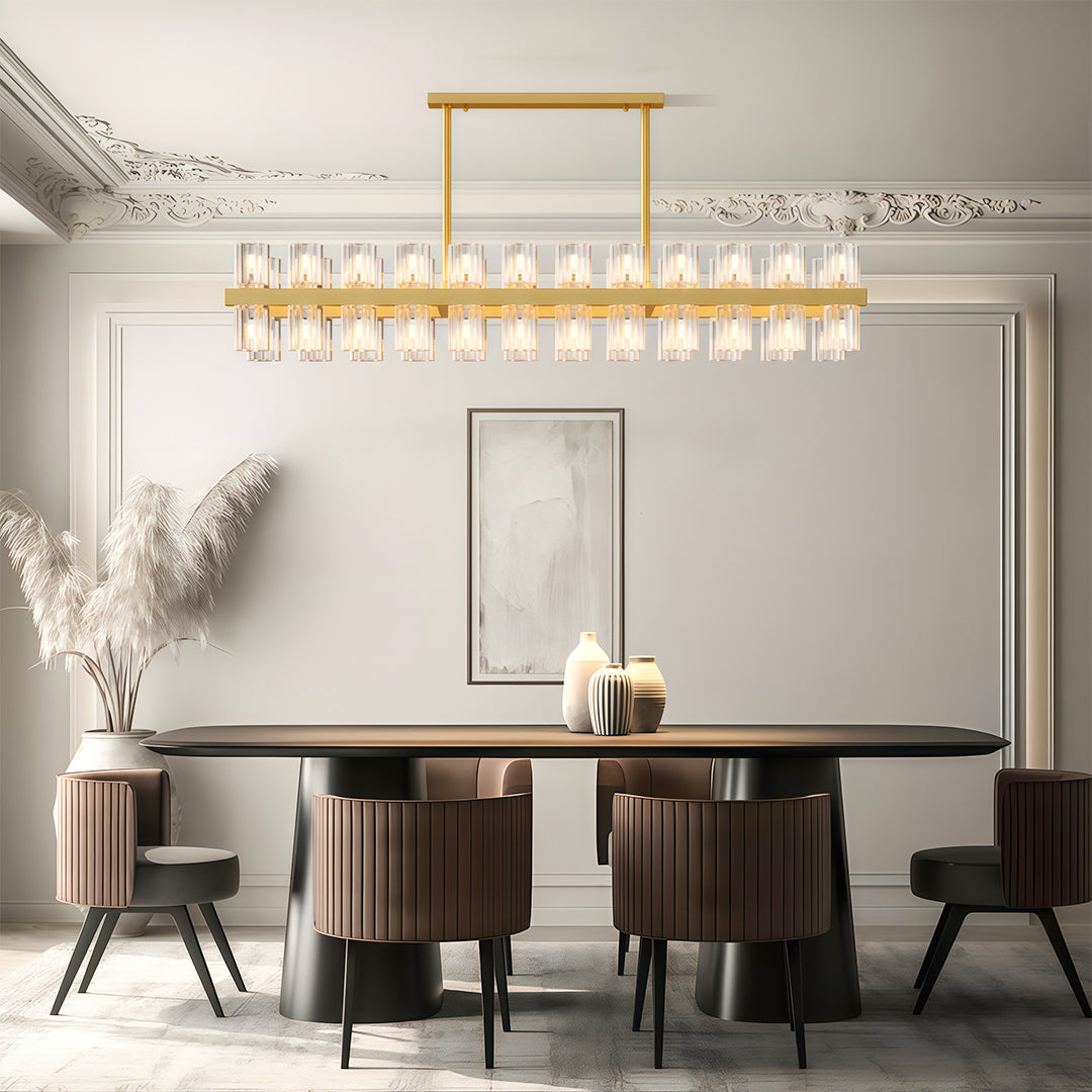 Luxury crystal chandeliers enhancing contemporary dining space with dark wood furniture.