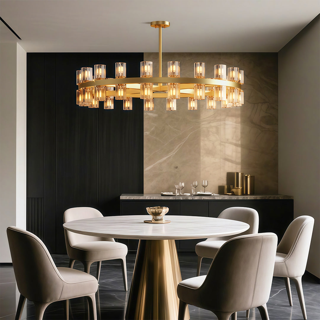 Luxury crystal chandeliers creating elegant atmosphere in contemporary dining space.