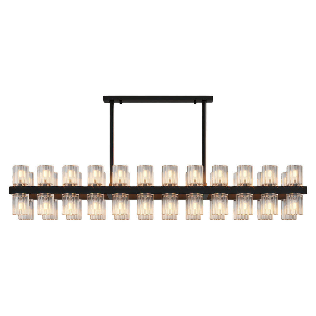 Modern luxury crystal chandeliers lighting luxurious dining room with dramatic marble walls.