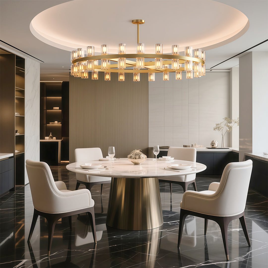 Modern luxury crystal chandeliers above modern dining table in sophisticated neutral interior.