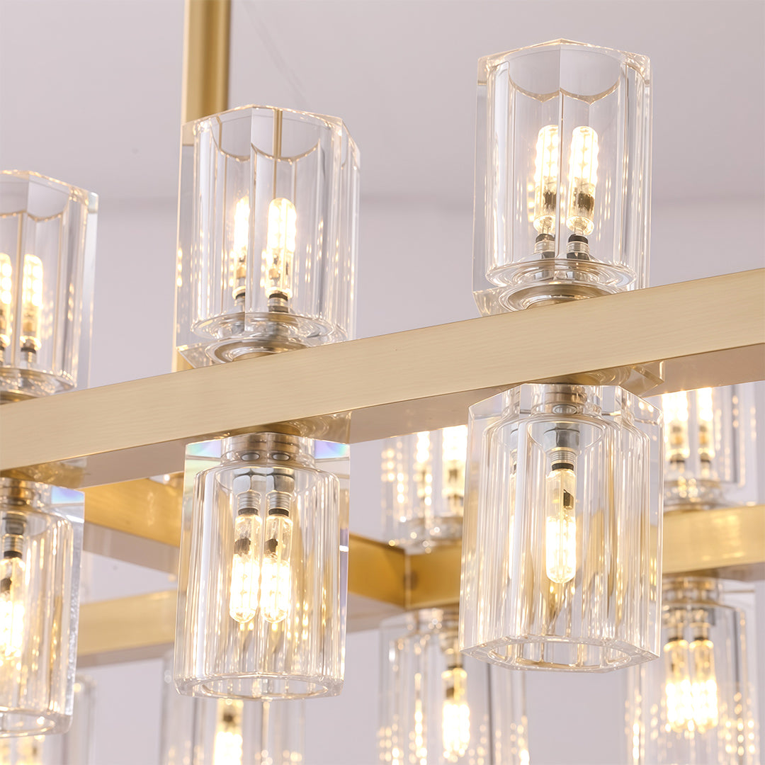 Modern luxury crystal chandeliers perspective view highlighting vertical crystal glass arrangement.