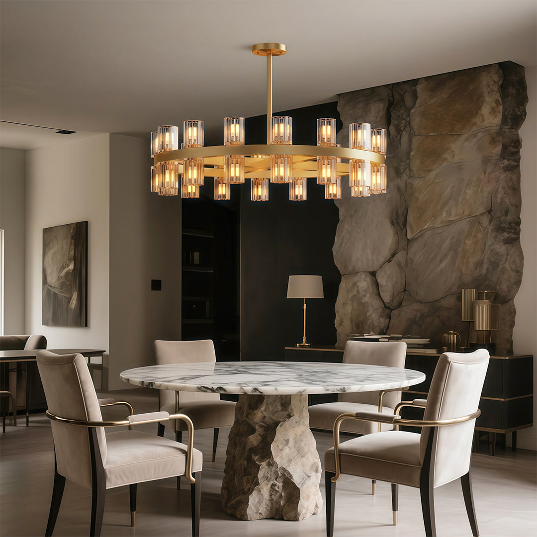 Modern luxury crystal chandeliers enhancing sophisticated dining room with textured wall accent.