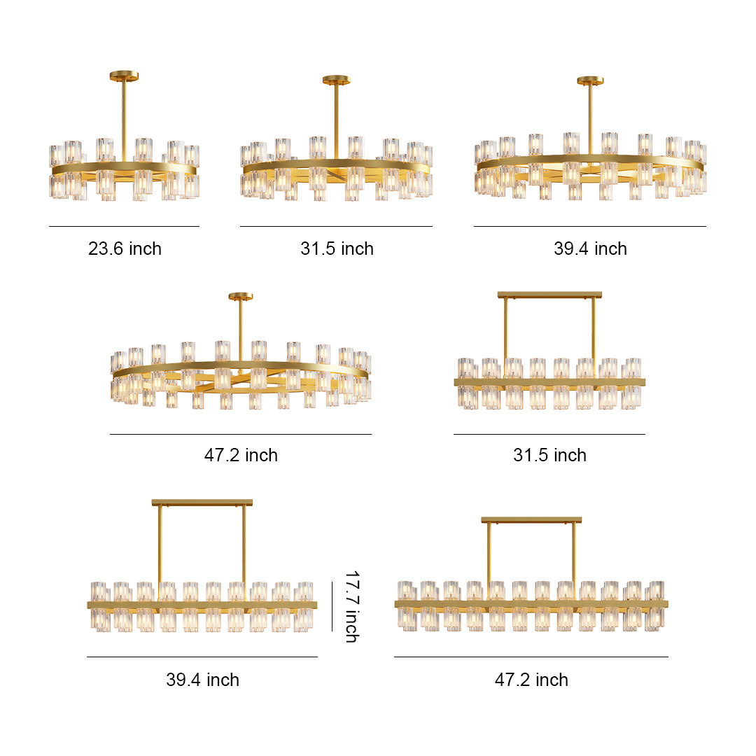 Luxury crystal chandeliers specification diagram showing multiple size and configuration options.