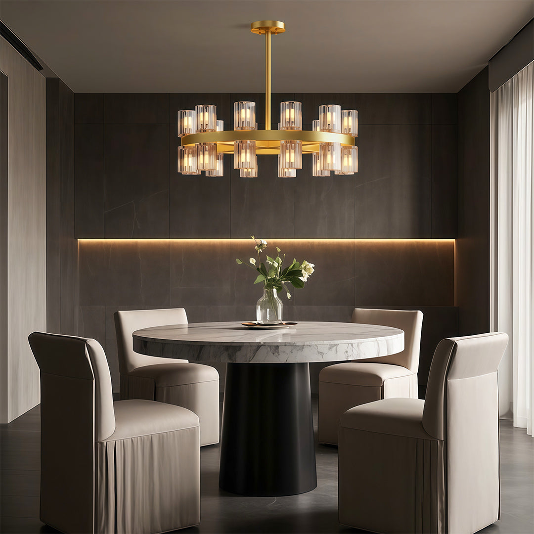 Modern luxury crystal chandeliers creating warm ambiance in elegant dining room with upholstered chairs.