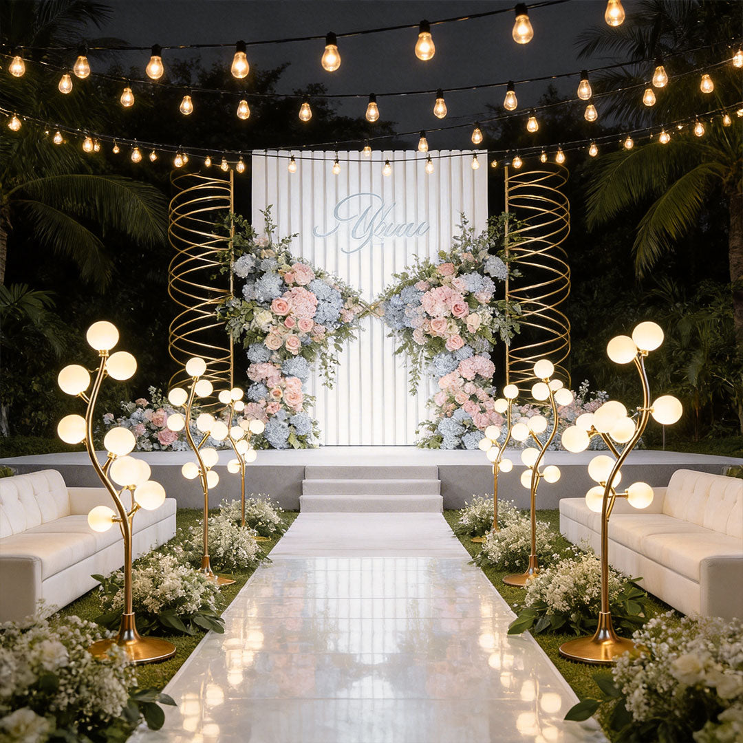 Luxury decorate floor lamp along a wedding aisle stage with string lights and flower backdrop.