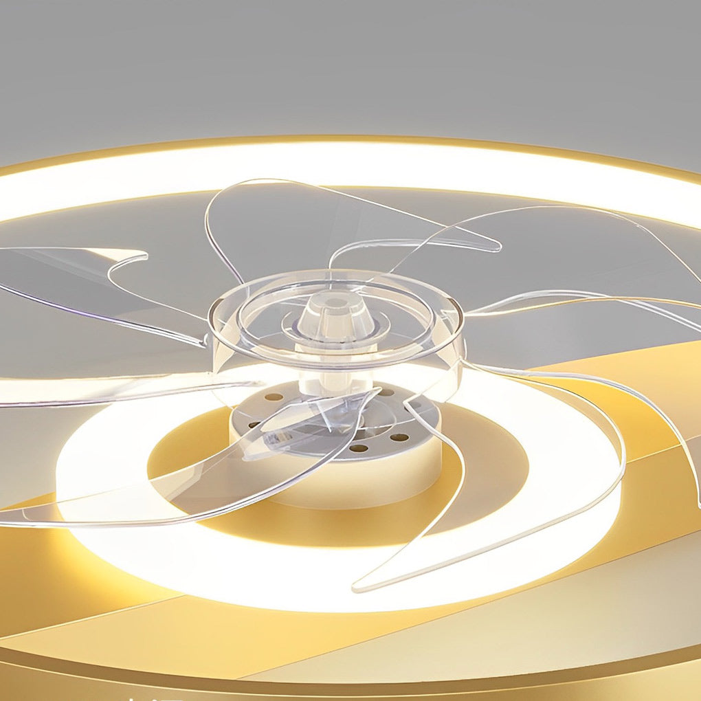Luxury dual motor ceiling fans with gold frame and integrated lighting in modern home.