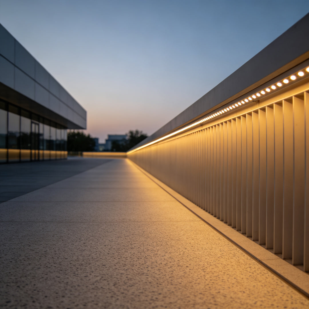 Luxury architectural exterior illuminated by exterior LED flood lights mounted along roofline.