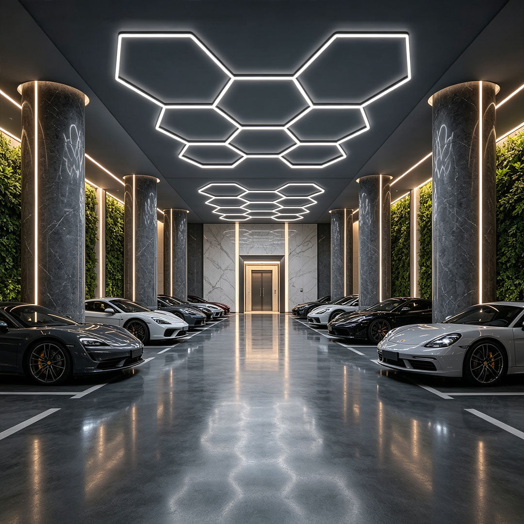 Luxury garage interior featuring geometric honeycomb ceiling light layout with modern LED illumination.