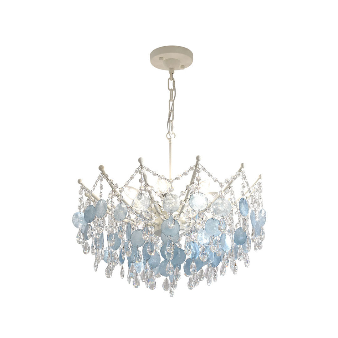 Glam chandelier with elegant blue glass accents and a luxurious gold metal frame.