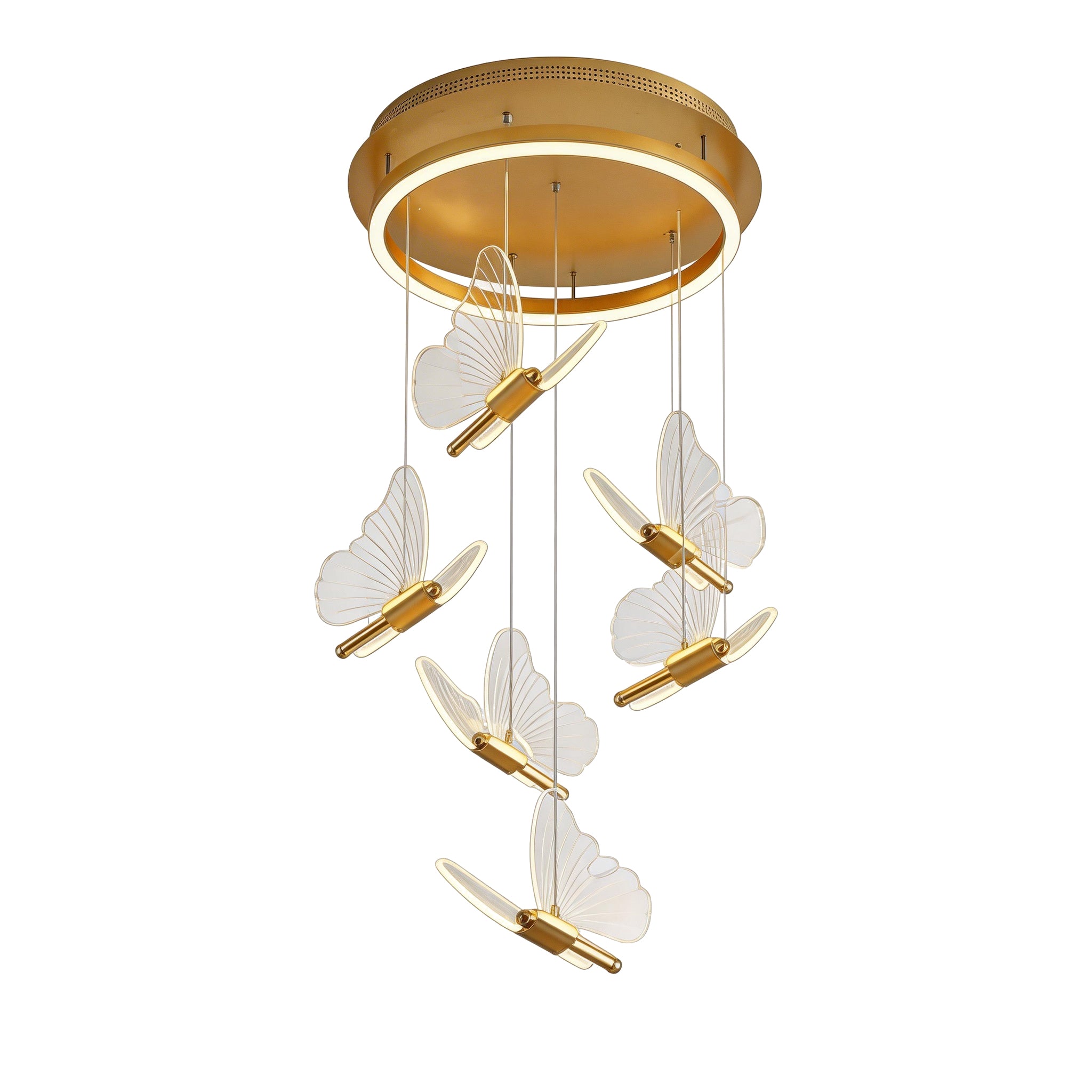 Luxury gold butterfly chandelier cluster with six staggered pendant lights for a grand staircase