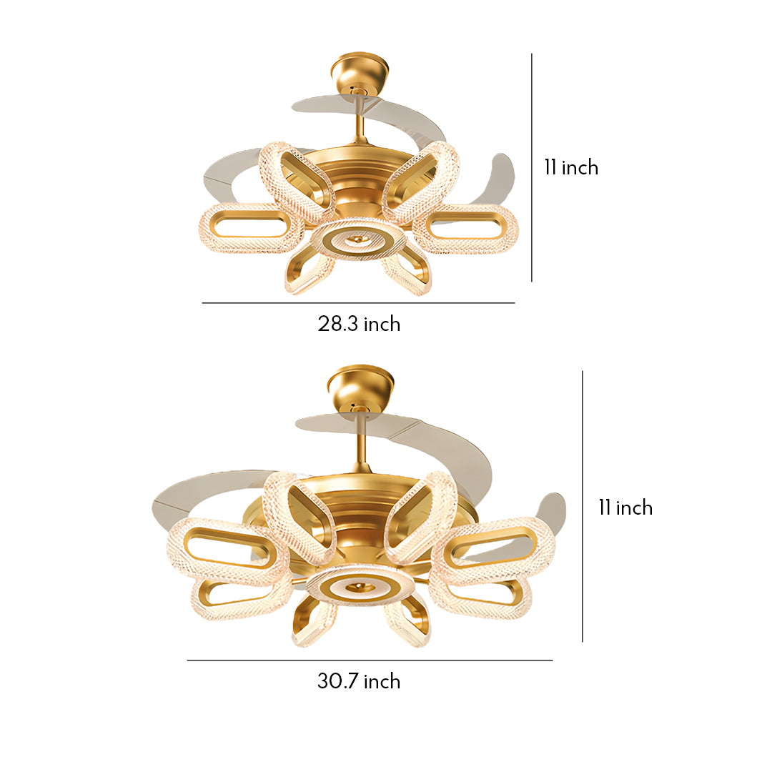 Luxurious gold ceiling fans with lights, featuring a unique spiral blade design and elegant lighting