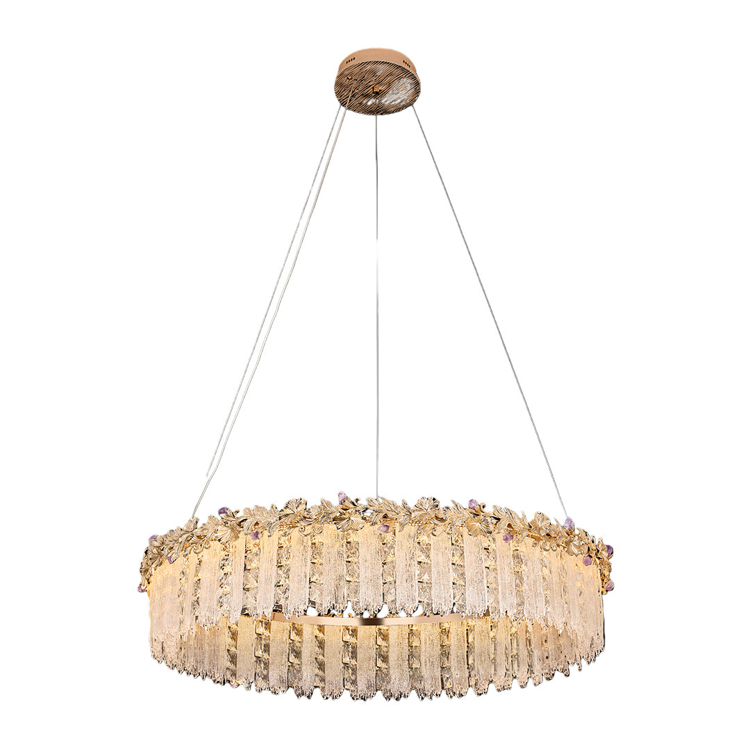 Luxury gold crystal chandelier with faceted glass prisms and modern silhouette.