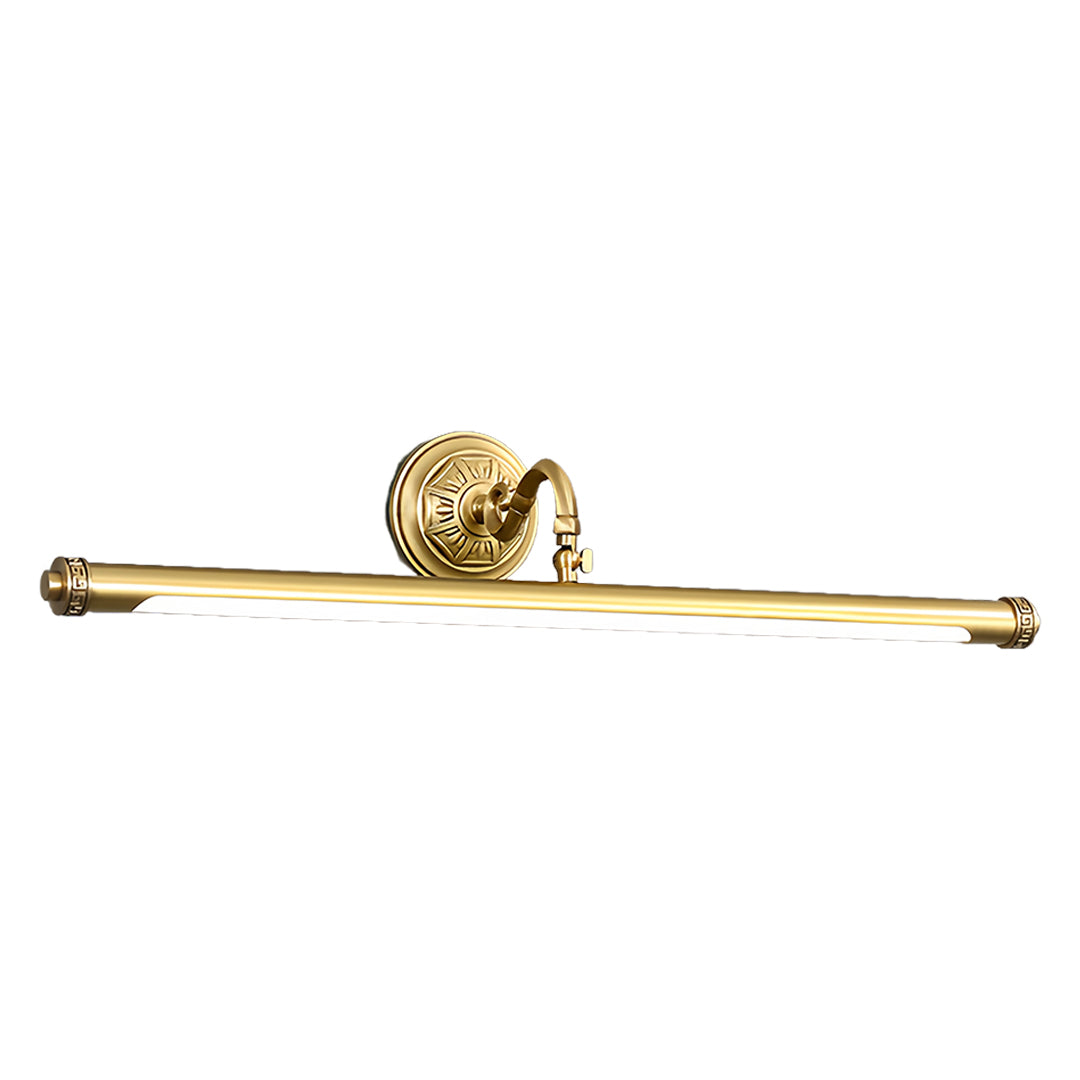 Luxury gold bathroom vanity light with detailed ornate base and extended mounting bar