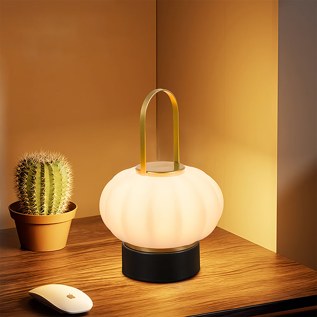 Luxury lantern table lamp with ribbed glass shade enhancing modern room with warm lighting