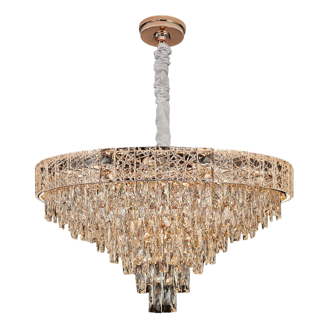 Luxury large chandelier with cascading golden crystals and bronze base.
