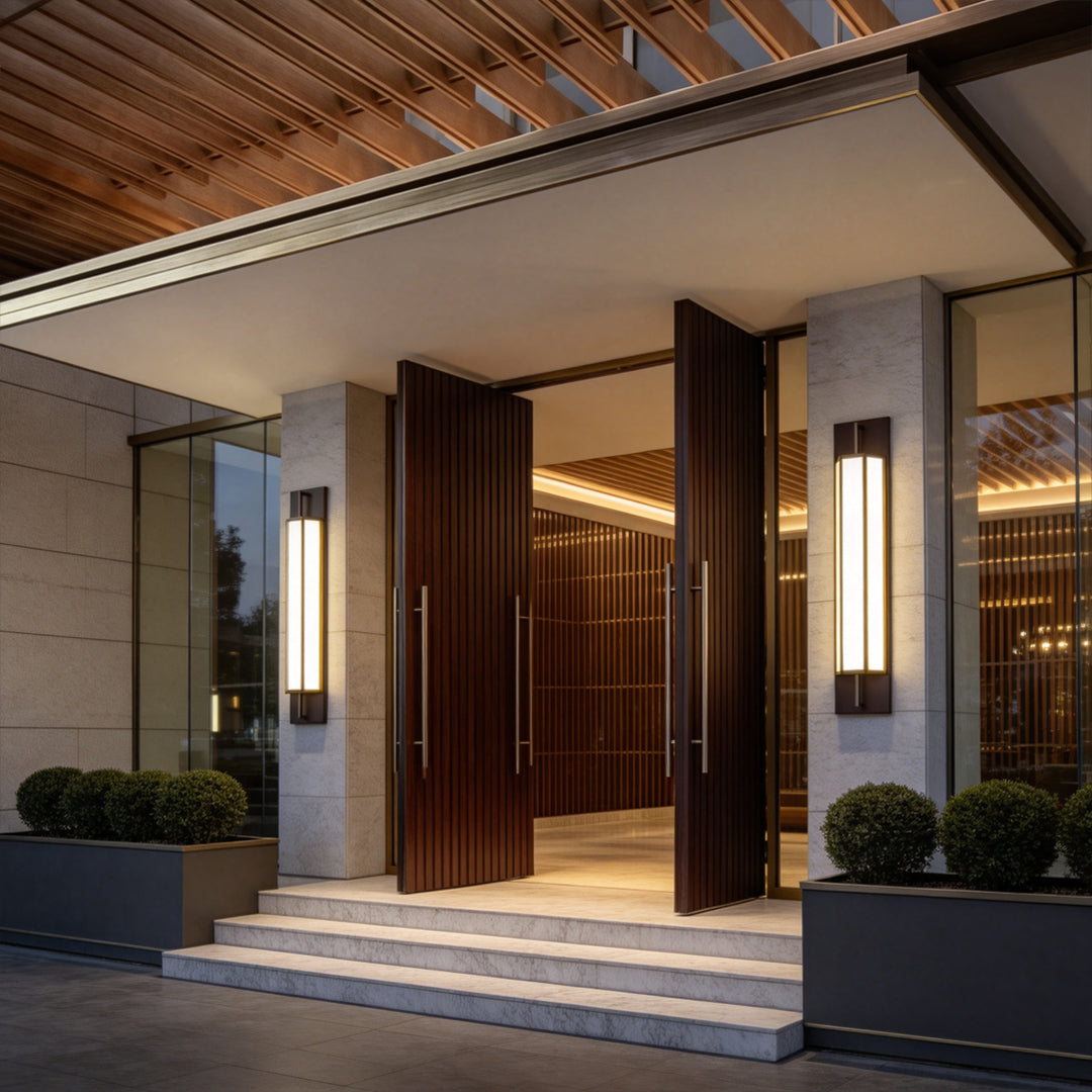 Luxury residential entrance styled with modern Large Outdoor Wall Light fixtures and warm ambient architectural lighting.