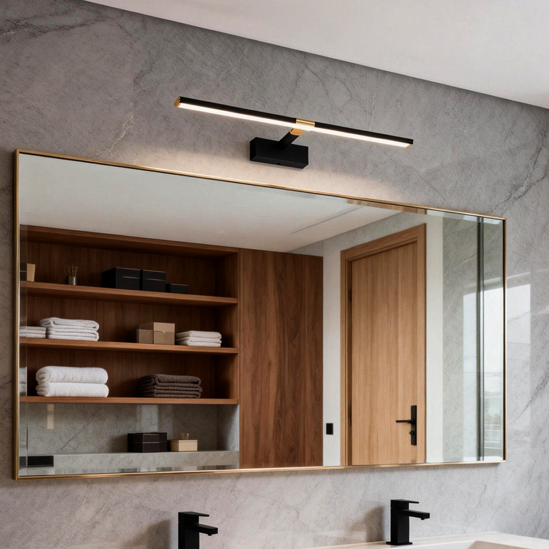 Luxury master bathroom vanity light bar with warm ambient illumination.