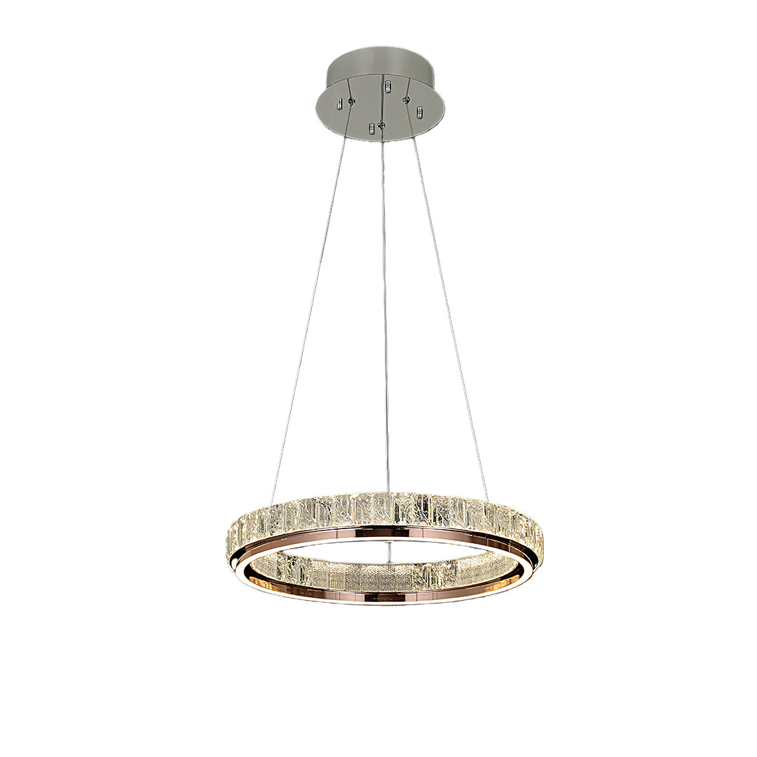 Luxury modern chandelier featuring a circular design with gold and crystal details.