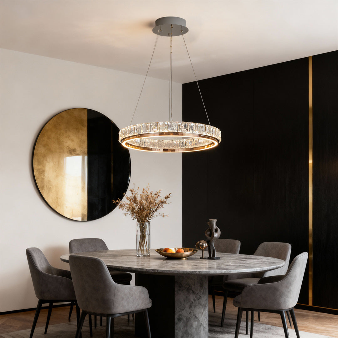 Luxury modern chandelier in a stylish dining room with dark accents, enhancing the ambiance with elegant lighting.