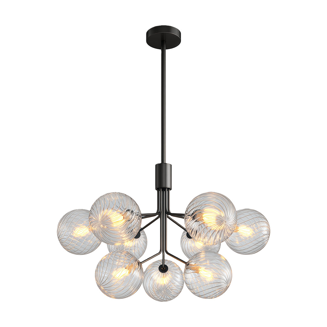 Luxury modern chandeliers with a gold frame, hanging in a modern interior with a minimalist aesthetic.