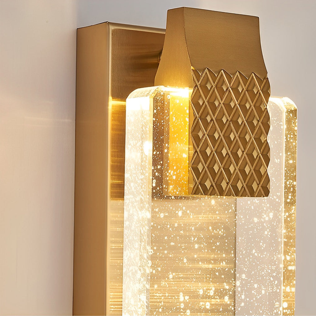 Close up of luxury modern wall lights living room, showcasing intricate crystal details and elegant gold frame.
