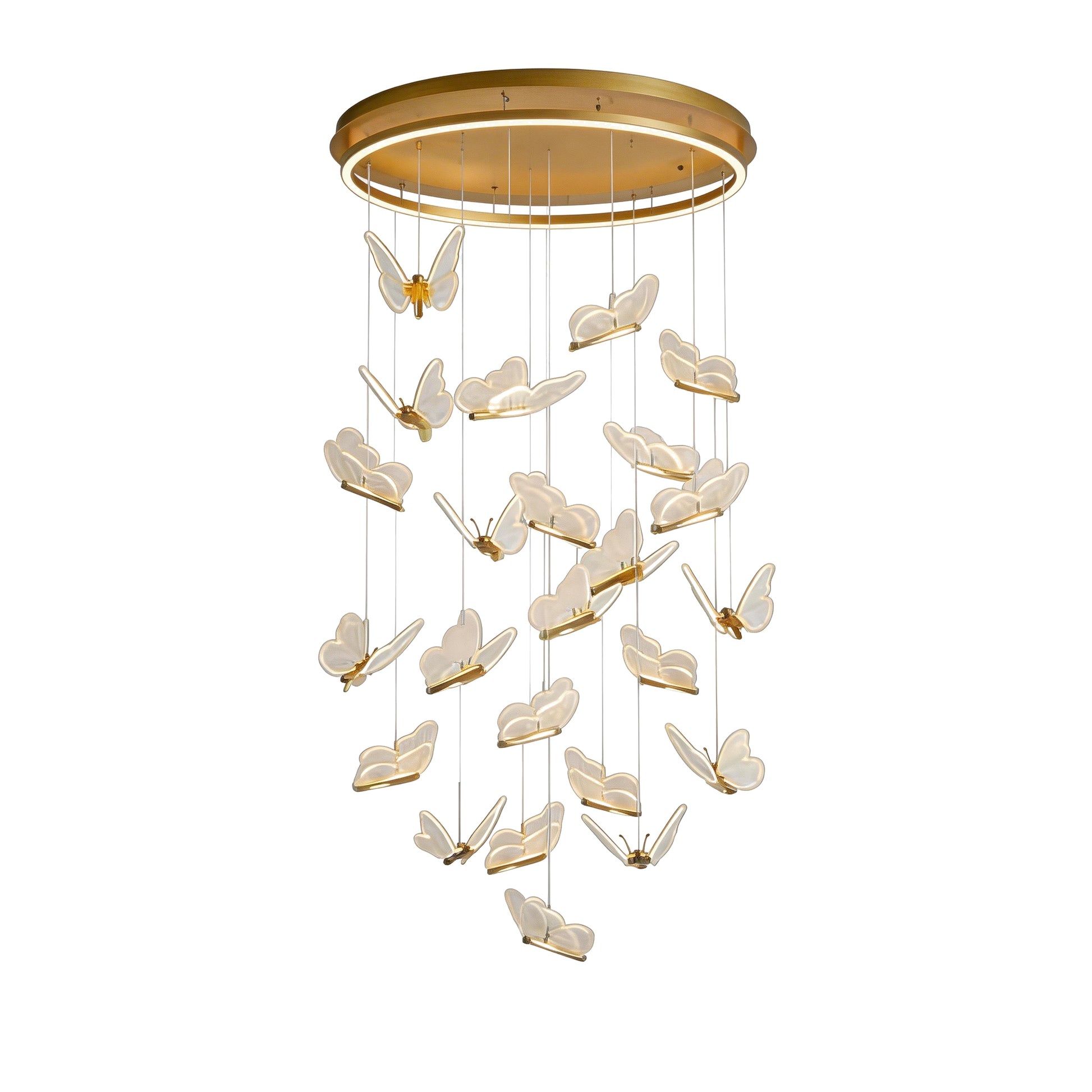 Luxury multi-light gold butterfly chandelier cluster for grand staircases and modern foyers.