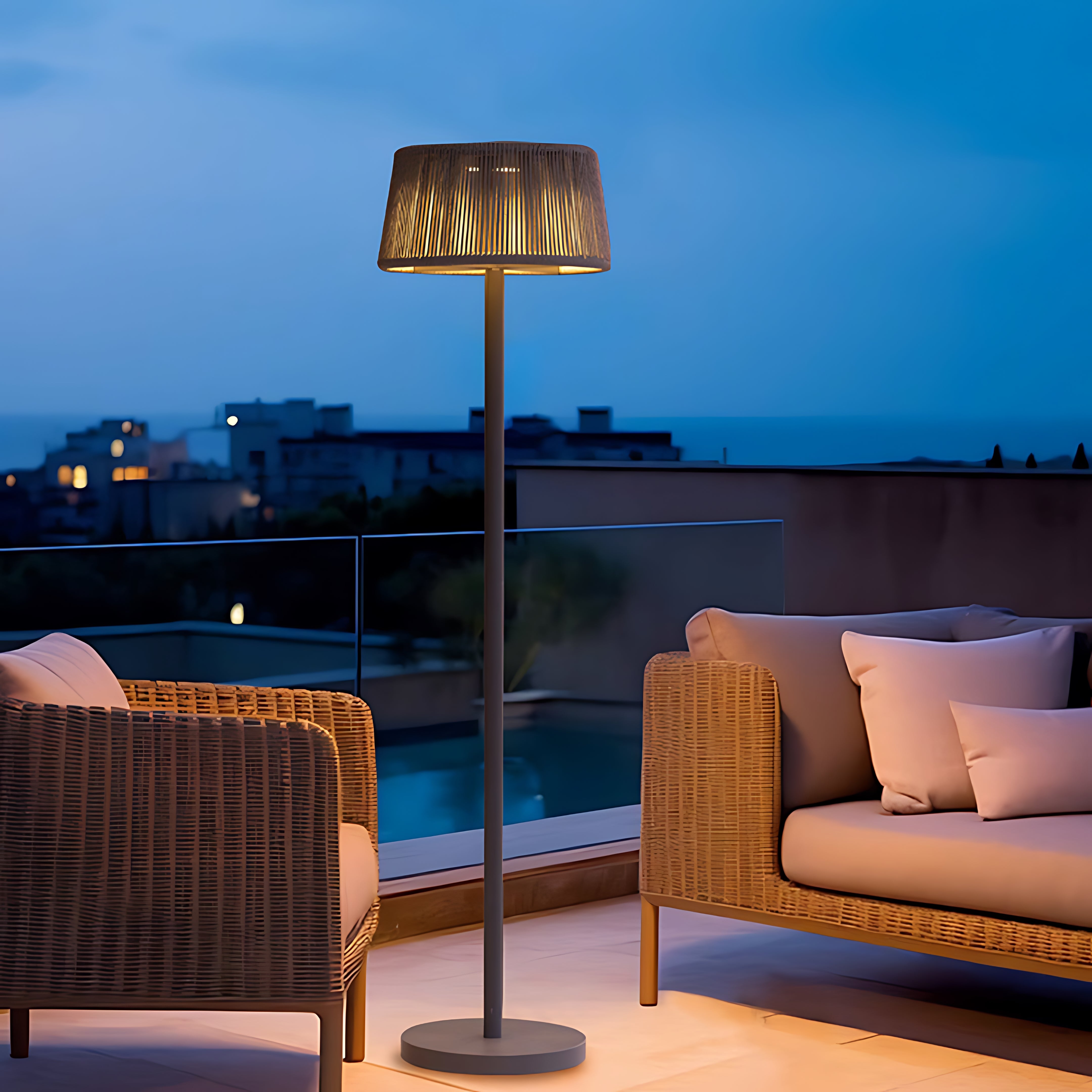 Silver Metal Table Lamp mid-century style floor lamp with decorative shade illuminating luxury outdoor seating area at dusk