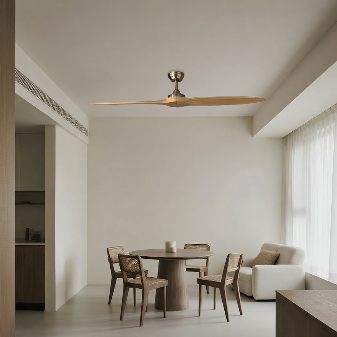 Luxury wooden remote controlled ceiling fan in sophisticated dining area with modern furniture