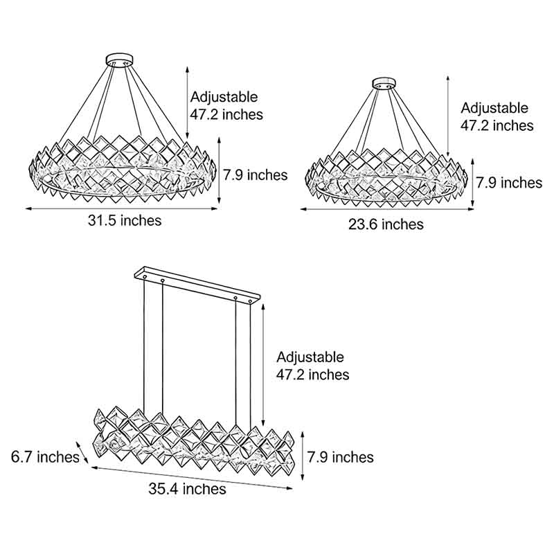 Line drawing of luxury ring chandelier light dimensions, providing installation specifications.