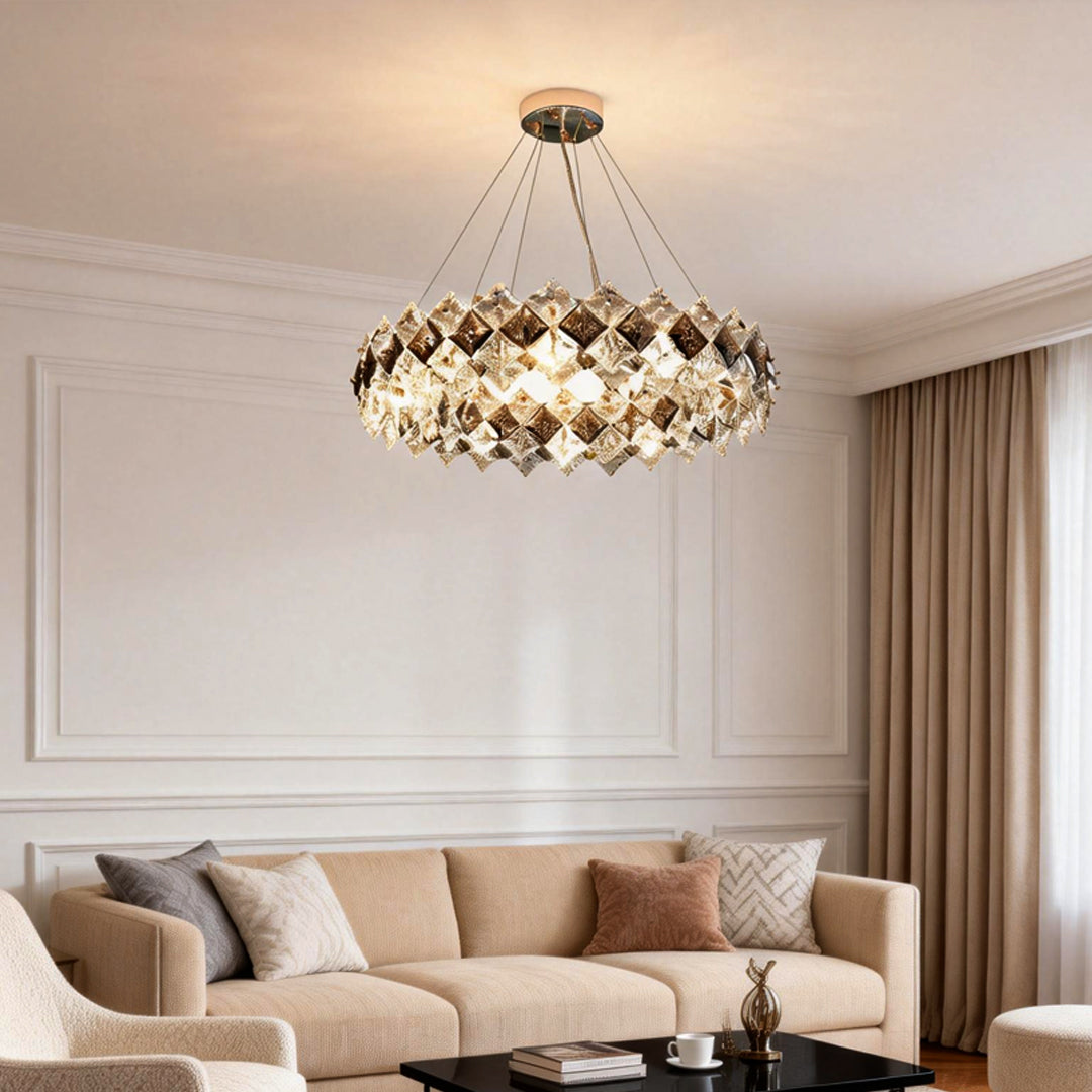 Luxury ring chandelier light illuminating a modern living room with elegant, golden glow.