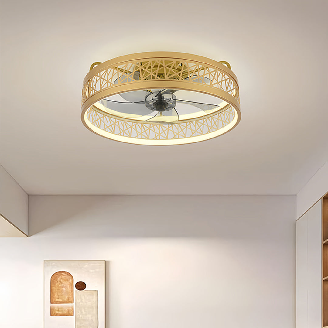 Luxury round ceiling fan with light featuring gold accents installed in elegant room setting