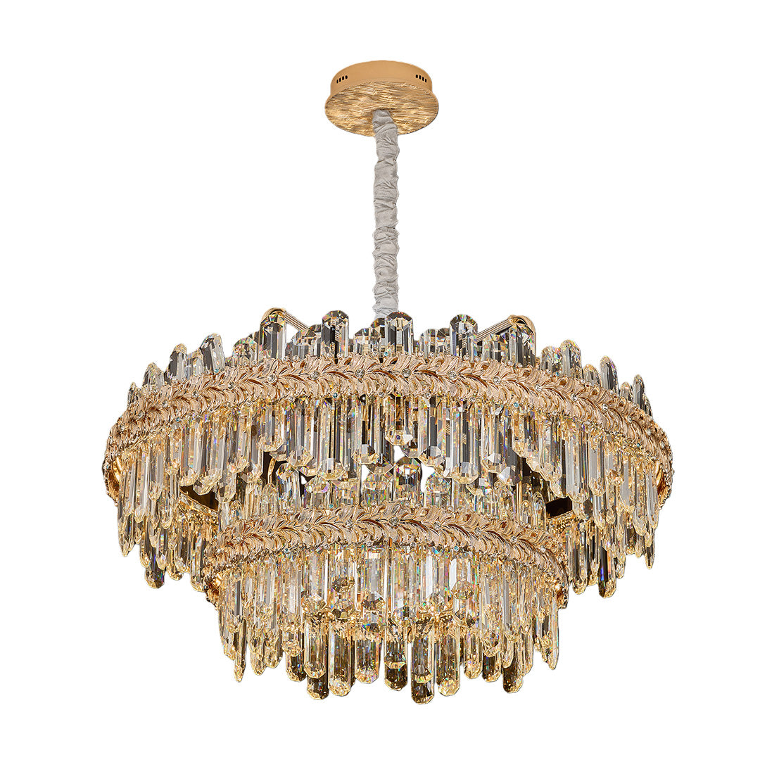 Luxury round chandelier lamps crystal with gold base and crystal drops.